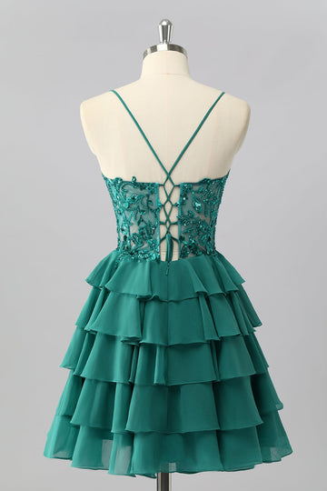 Dark Green A Line Sequins Tiered Cocktail Dress with Appliques